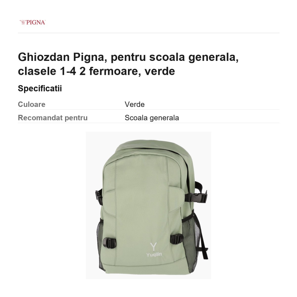 Ghiozdan Pigna, pentru scoala generala, 2 fermoare, verde [3]