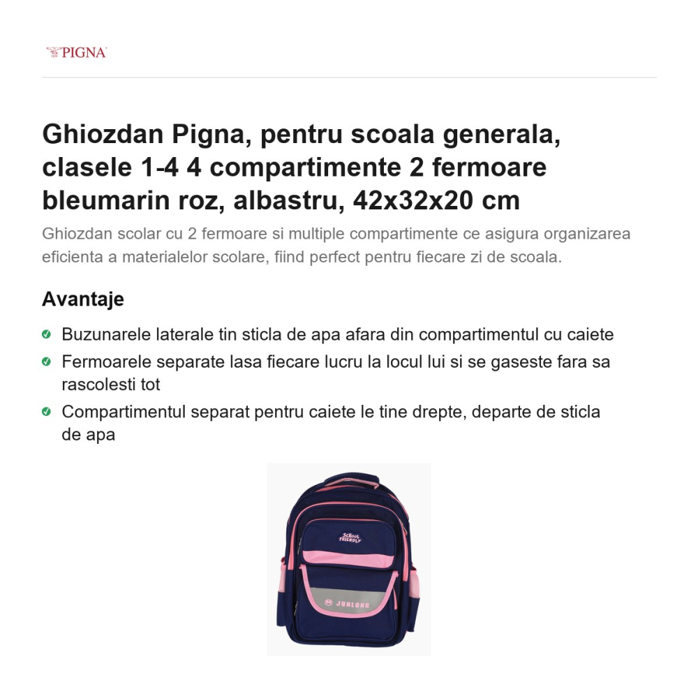 Ghiozdan Pigna, pentru scoala generala, 4 compartimente 2 fermoare bleumarin roz, albastru, 42x32x20 cm [2]