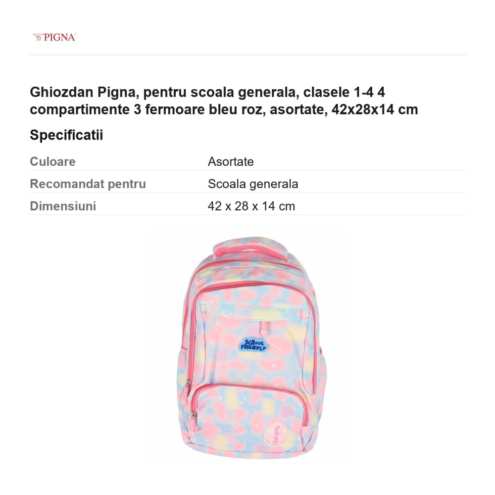 Ghiozdan Pigna, pentru scoala generala, 4 compartimente 3 fermoare bleu roz, asortate, 42x28x14 cm [3]