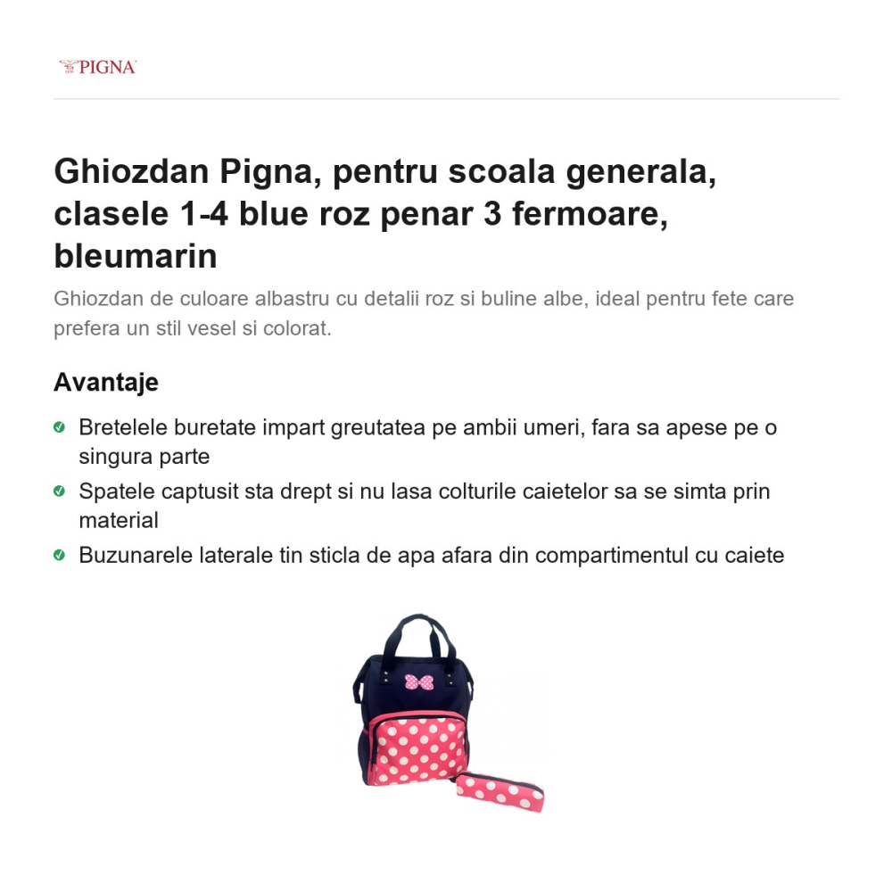 Ghiozdan Pigna, pentru scoala generala, blue roz penar 3 fermoare, bleumarin [2]