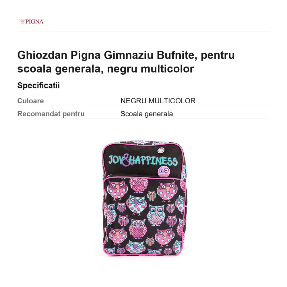 Ghiozdan Pigna, pentru scoala generala, bufnite, negru multicolor [3]
