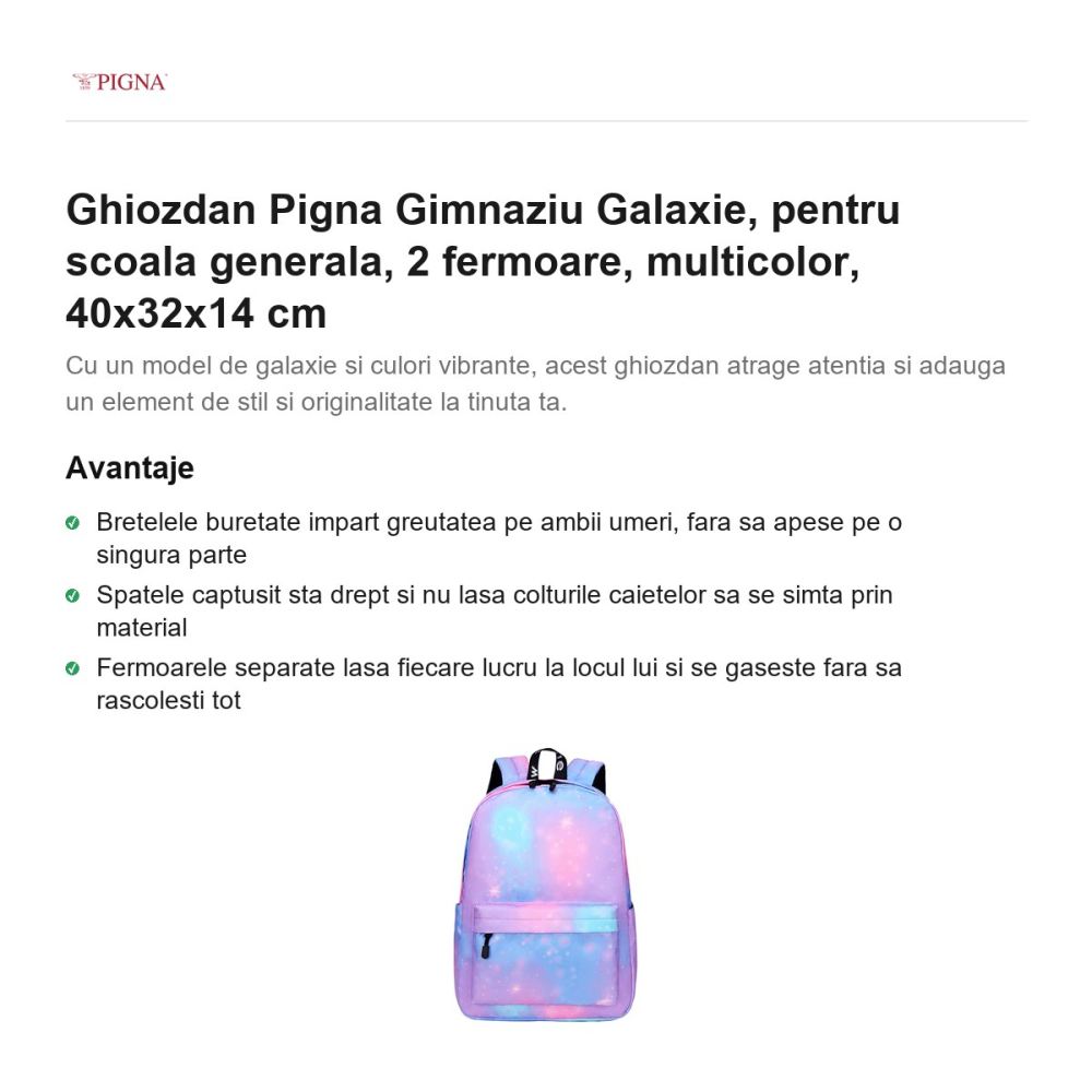 Ghiozdan Pigna, pentru scoala generala, galaxie 2 fermoare, multicolor, 40x32x14 cm [2]