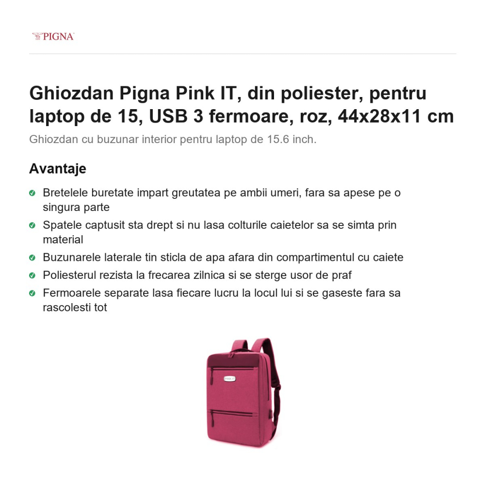 Ghiozdan Pigna Pink IT, din poliester, pentru laptop de 15.6 inch, USB 3 fermoare, roz, 44x28x11 cm [2]