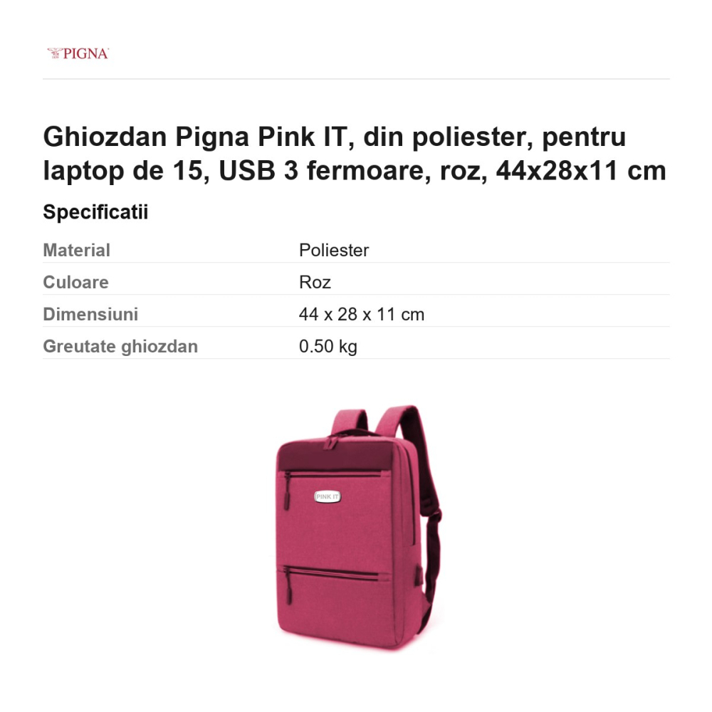 Ghiozdan Pigna Pink IT, din poliester, pentru laptop de 15.6 inch, USB 3 fermoare, roz, 44x28x11 cm [3]