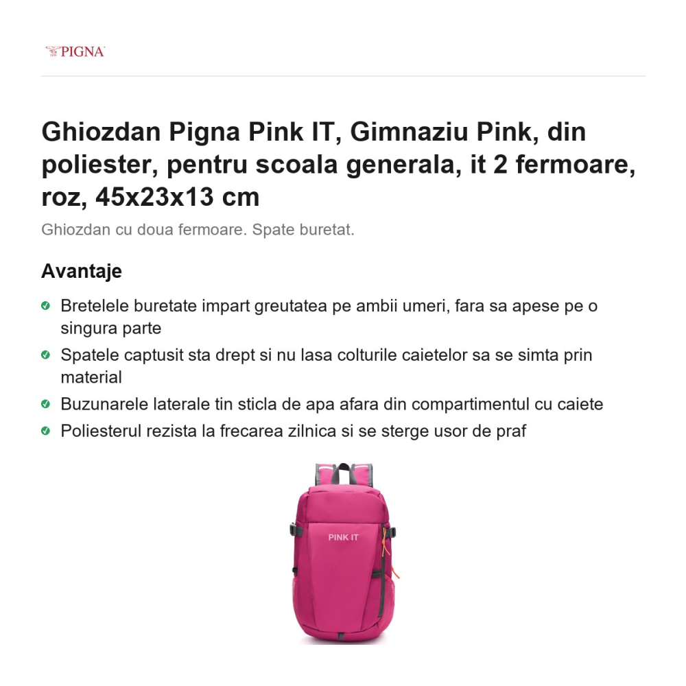 Ghiozdan Pigna Pink IT, din poliester, pentru scoala generala, 2 fermoare, roz, 45x23x13 cm [2]