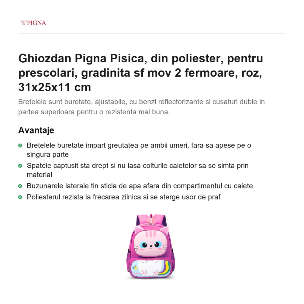 Ghiozdan Pigna Pisica, din poliester, pentru prescolari, sf mov 2 fermoare, roz, 31x25x11 cm [2]