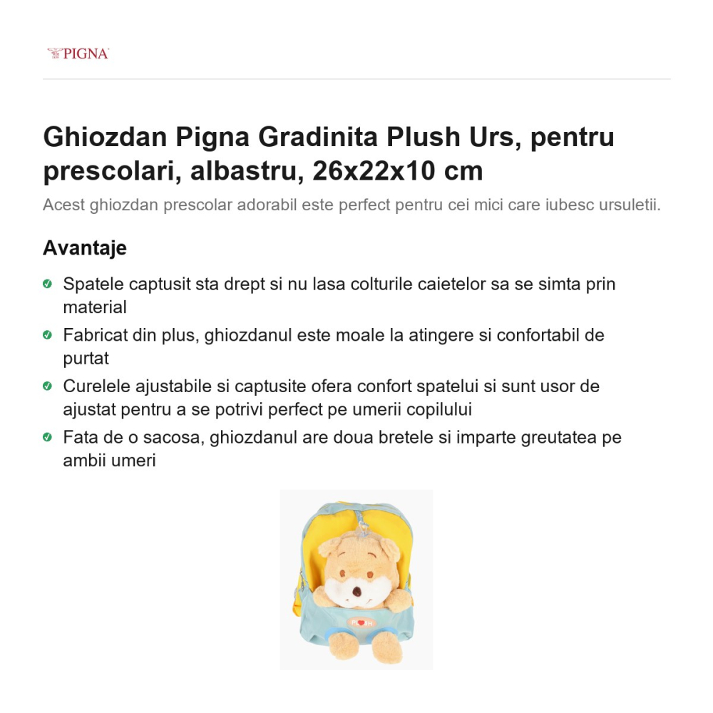 Ghiozdan Pigna Plush Urs, pentru prescolari, albastru, 26x22x10 cm [2]