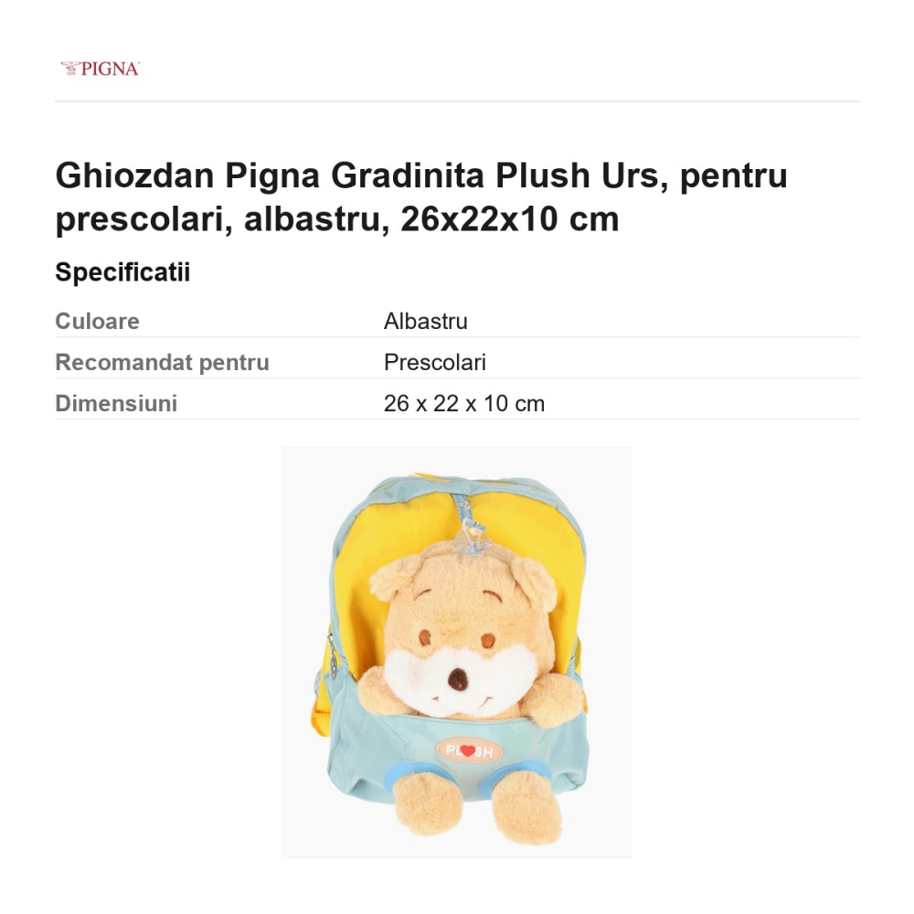 Ghiozdan Pigna Plush Urs, pentru prescolari, albastru, 26x22x10 cm [3]