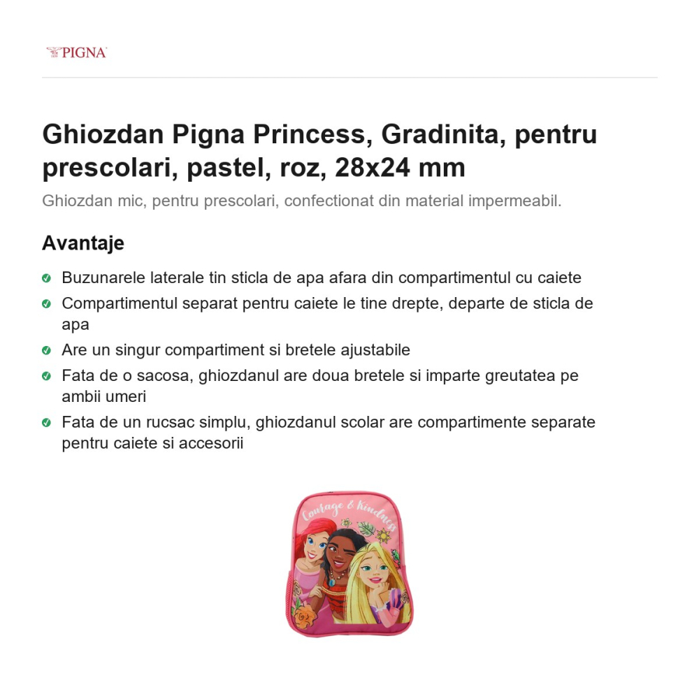Ghiozdan Pigna Princess, pentru prescolari, pastel, roz, 28x24 mm [2]