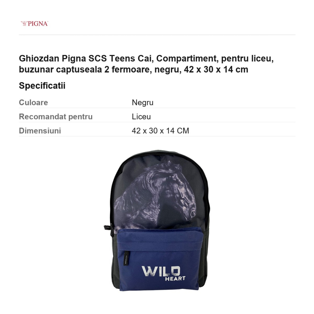 Ghiozdan Pigna SCS Teens Cai, pentru liceu, compartiment buzunar captuseala 2 fermoare, negru, 42 x 30 x 14 cm [3]