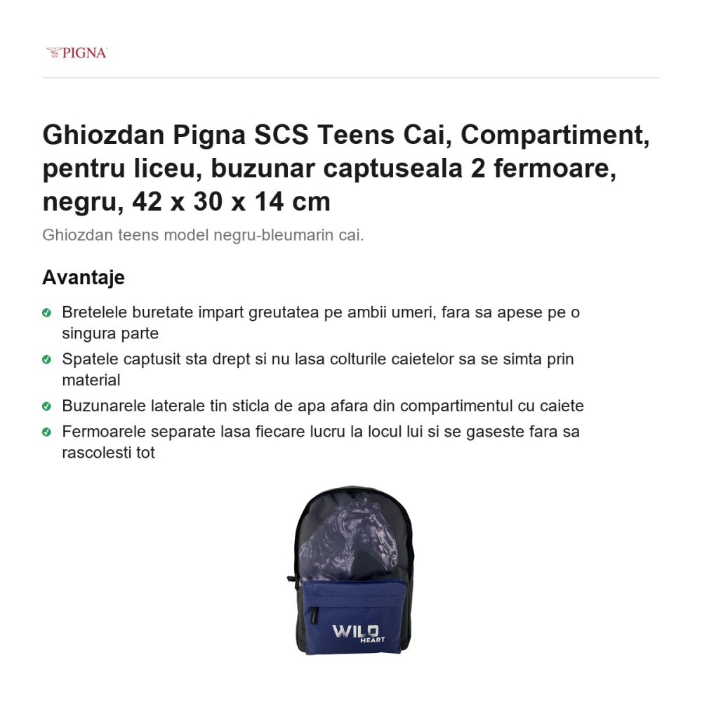 Ghiozdan Pigna SCS Teens Cai, pentru liceu, compartiment buzunar captuseala 2 fermoare, negru, 42 x 30 x 14 cm [2]