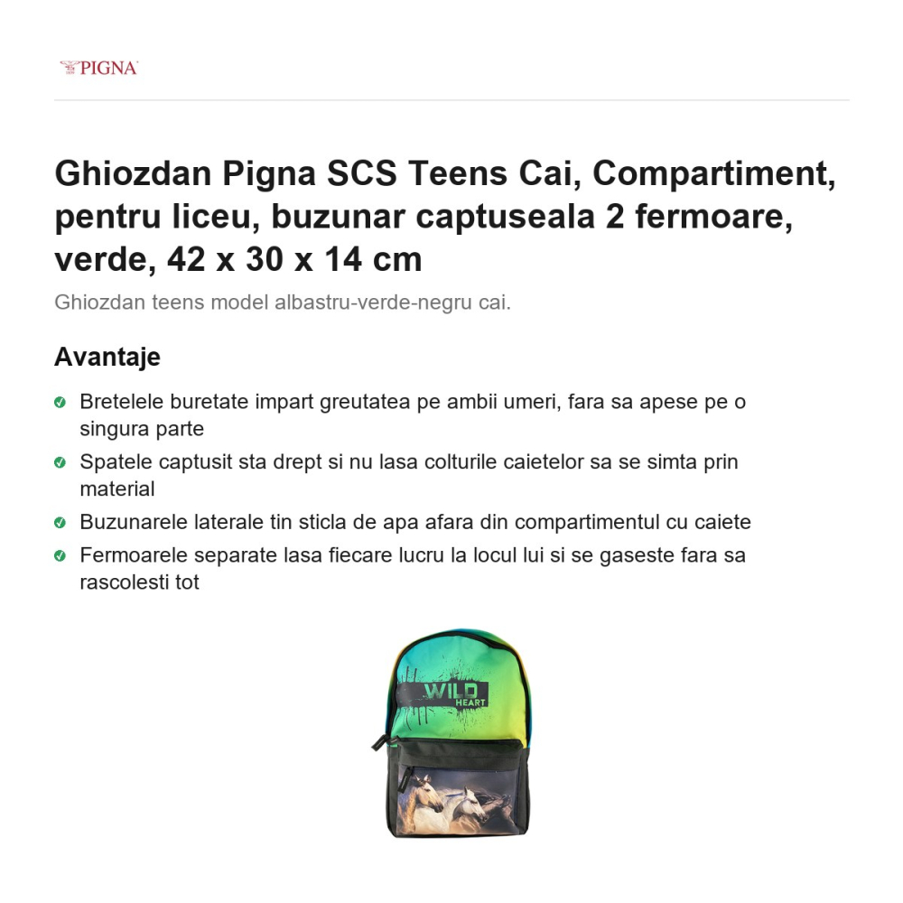 Ghiozdan Pigna SCS Teens Cai, pentru liceu, compartiment buzunar captuseala 2 fermoare, verde, 42 x 30 x 14 cm [2]