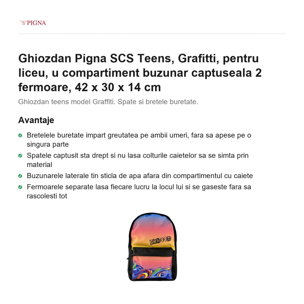 Ghiozdan Pigna SCS Teens, pentru liceu, grafitti u compartiment buzunar captuseala 2 fermoare, 42 x 30 x 14 cm [2]