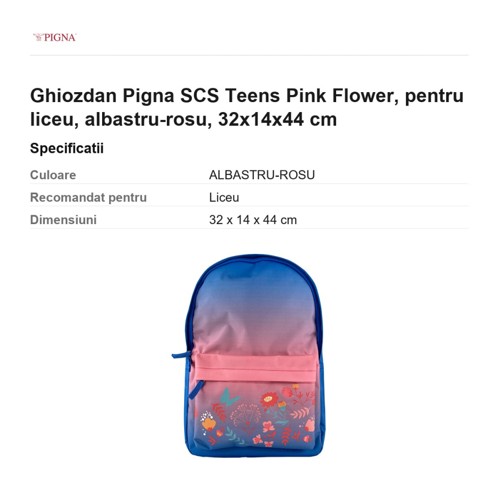 Ghiozdan Pigna SCS Teens Pink Flower, pentru liceu, albastru-rosu, 32x14x44 cm [3]
