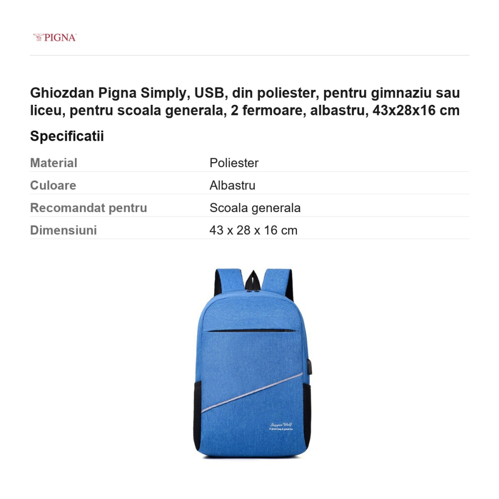 Ghiozdan Pigna Simply, din poliester, pentru gimnaziu sau liceu, USB 2 fermoare, albastru, 43x28x16 cm [3]