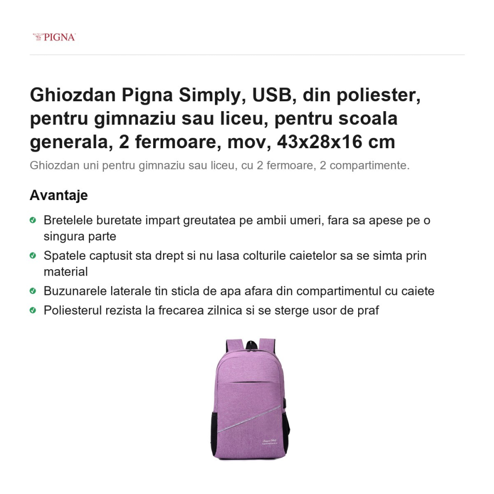 Ghiozdan Pigna Simply, din poliester, pentru gimnaziu sau liceu, USB 2 fermoare, mov, 43x28x16 cm [2]