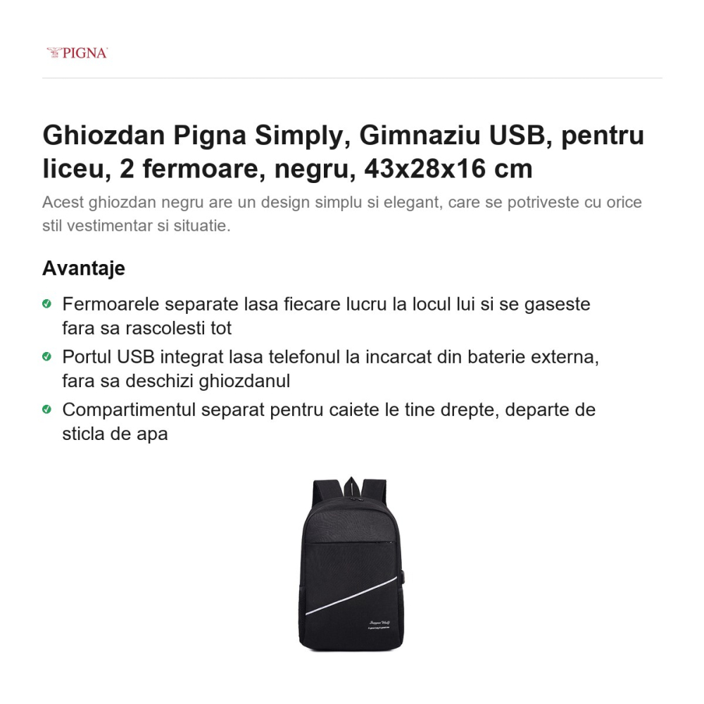 Ghiozdan Pigna Simply, pentru liceu, gimnaziu USB 2 fermoare, negru, 43x28x16 cm [2]