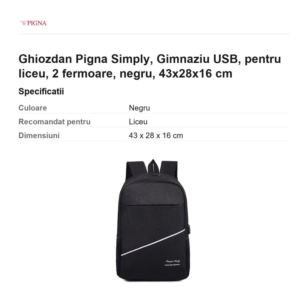 Ghiozdan Pigna Simply, pentru liceu, gimnaziu USB 2 fermoare, negru, 43x28x16 cm [3]