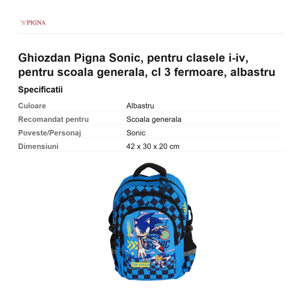 Ghiozdan Pigna Sonic, pentru clasele I-IV, cl 3 fermoare, albastru [3]