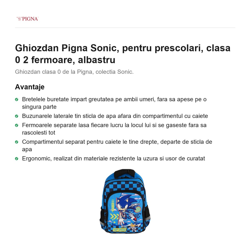Ghiozdan Pigna Sonic, pentru prescolari, 2 fermoare, albastru [2]