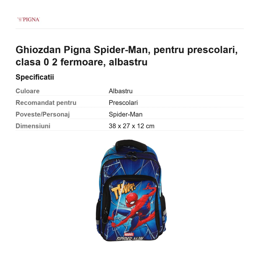 Ghiozdan Pigna Spider-Man, pentru prescolari, 2 fermoare, albastru [3]