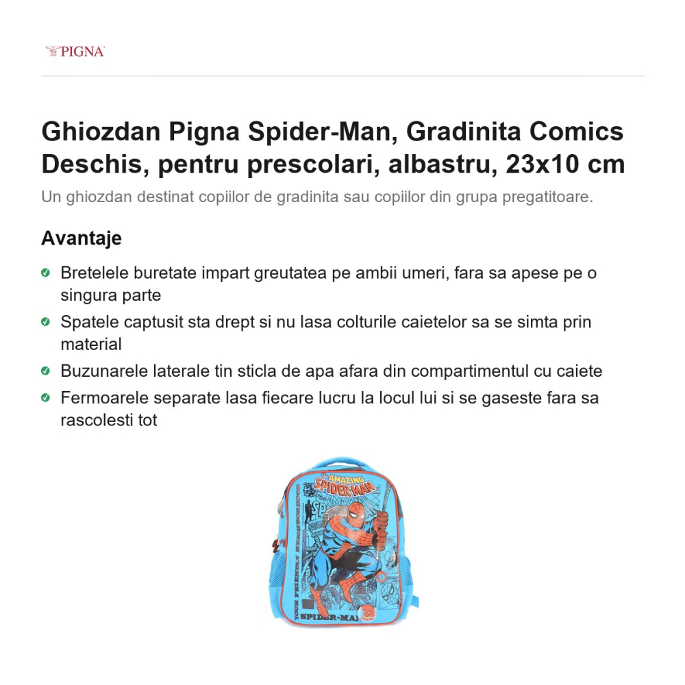 Ghiozdan Pigna Spider-Man, pentru prescolari, comics deschis, albastru, 23x10 cm [2]