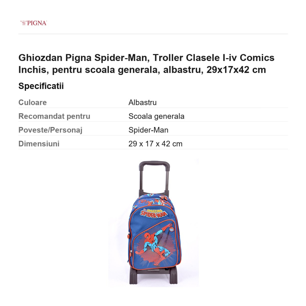 Ghiozdan Pigna Spider-Man, pentru scoala generala, troller I-IV comics inchis, albastru, 29x17x42 cm [3]