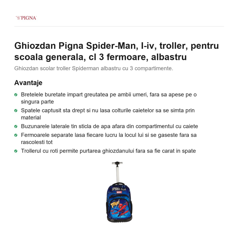 Ghiozdan Pigna Spider-Man, troller, pentru scoala generala, cl I-IV 3 fermoare, albastru [2]