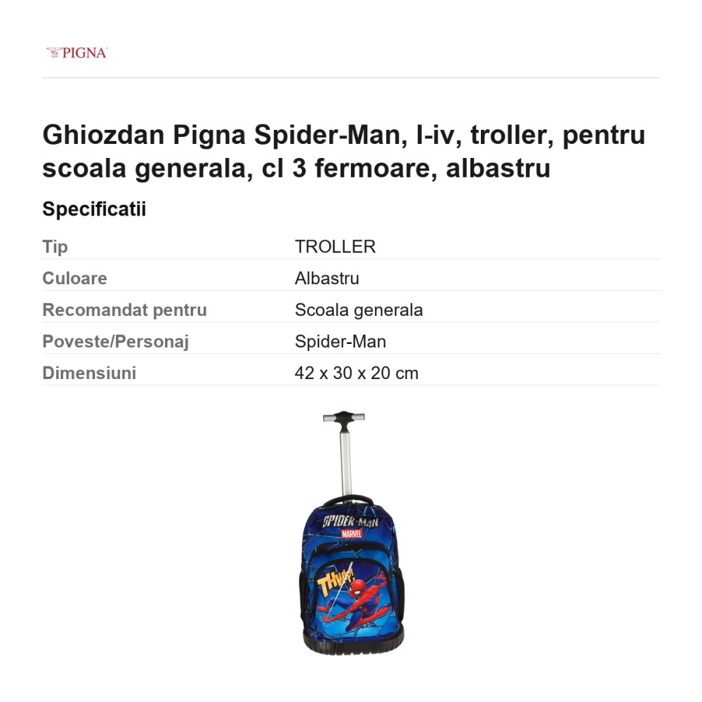 Ghiozdan Pigna Spider-Man, troller, pentru scoala generala, cl I-IV 3 fermoare, albastru [3]