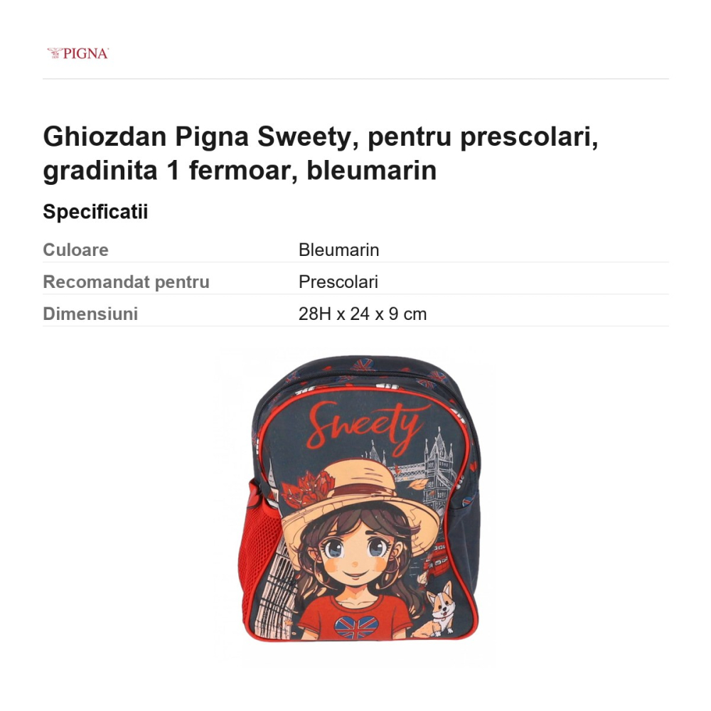 Ghiozdan Pigna Sweety, pentru prescolari, 1 fermoar, bleumarin [3]