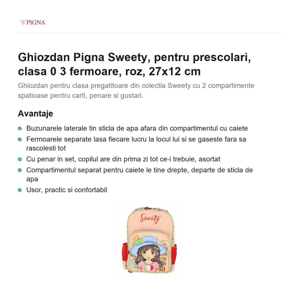 Ghiozdan Pigna Sweety, pentru prescolari, 3 fermoare, roz, 27x12 cm [2]