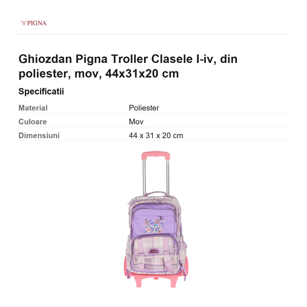 Ghiozdan Pigna Troller Clasele I-IV, din poliester, mov, 44x31x20 cm [3]