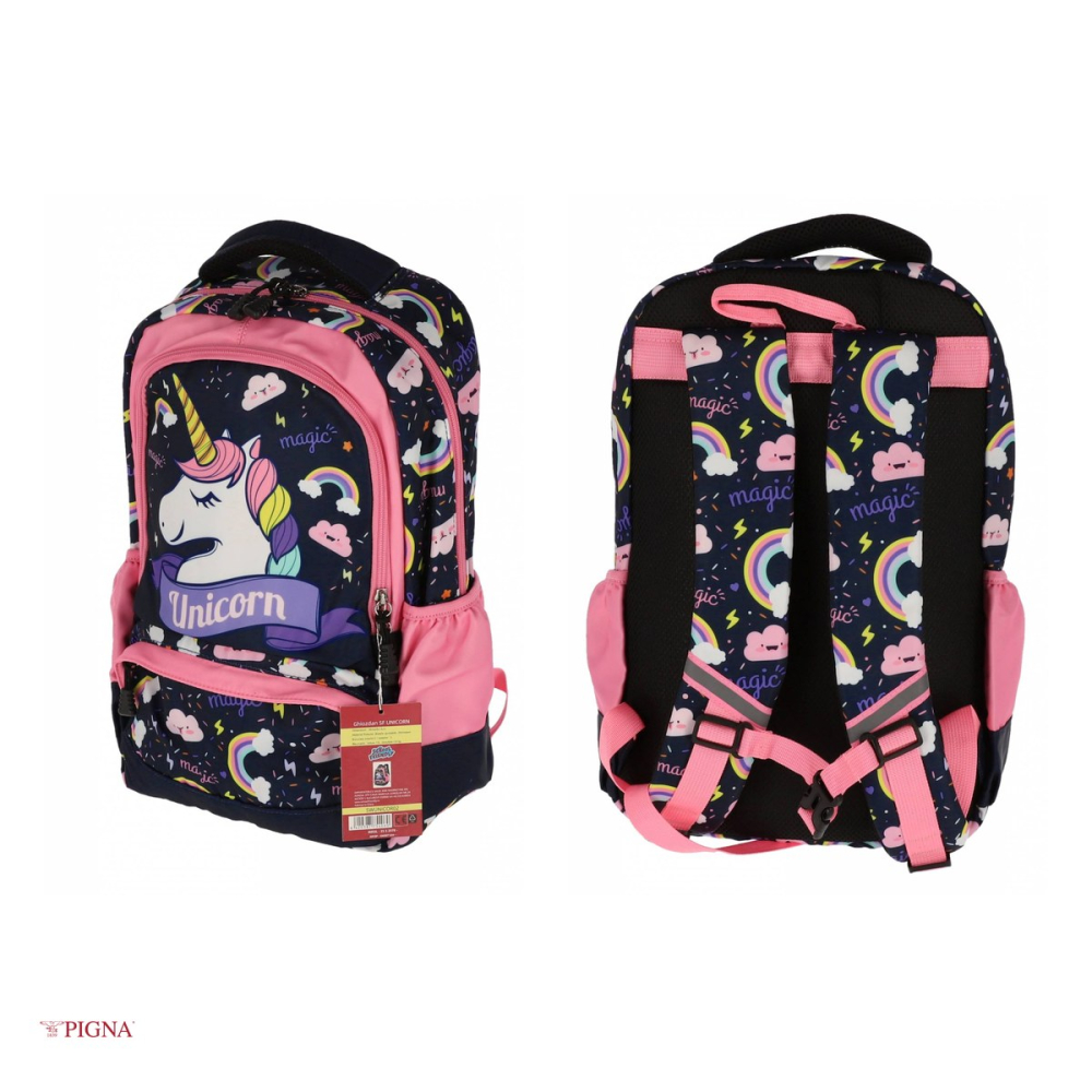 Ghiozdan Pigna Unicorn, capacitate 15 l, pentru prescolari, 3 fermoare, bleumarin, 38x29x13 cm [4]