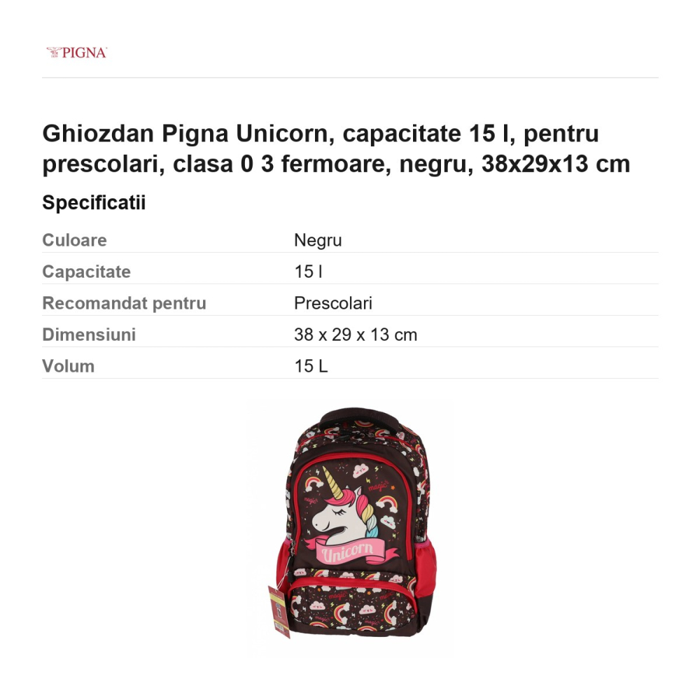 Ghiozdan Pigna Unicorn, capacitate 15 l, pentru prescolari, 3 fermoare, negru, 38x29x13 cm [3]