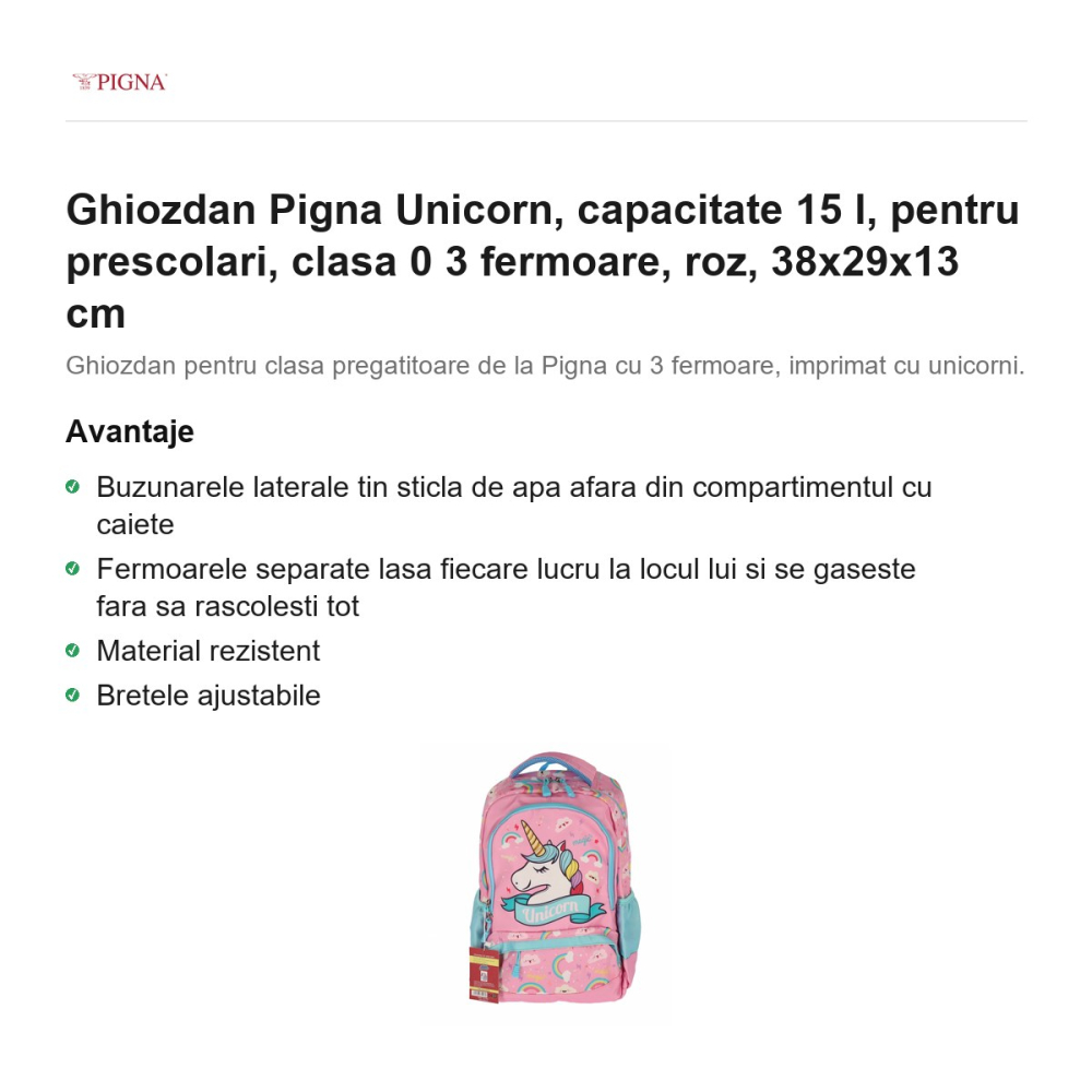 Ghiozdan Pigna Unicorn, capacitate 15 l, pentru prescolari, 3 fermoare, roz, 38x29x13 cm [2]
