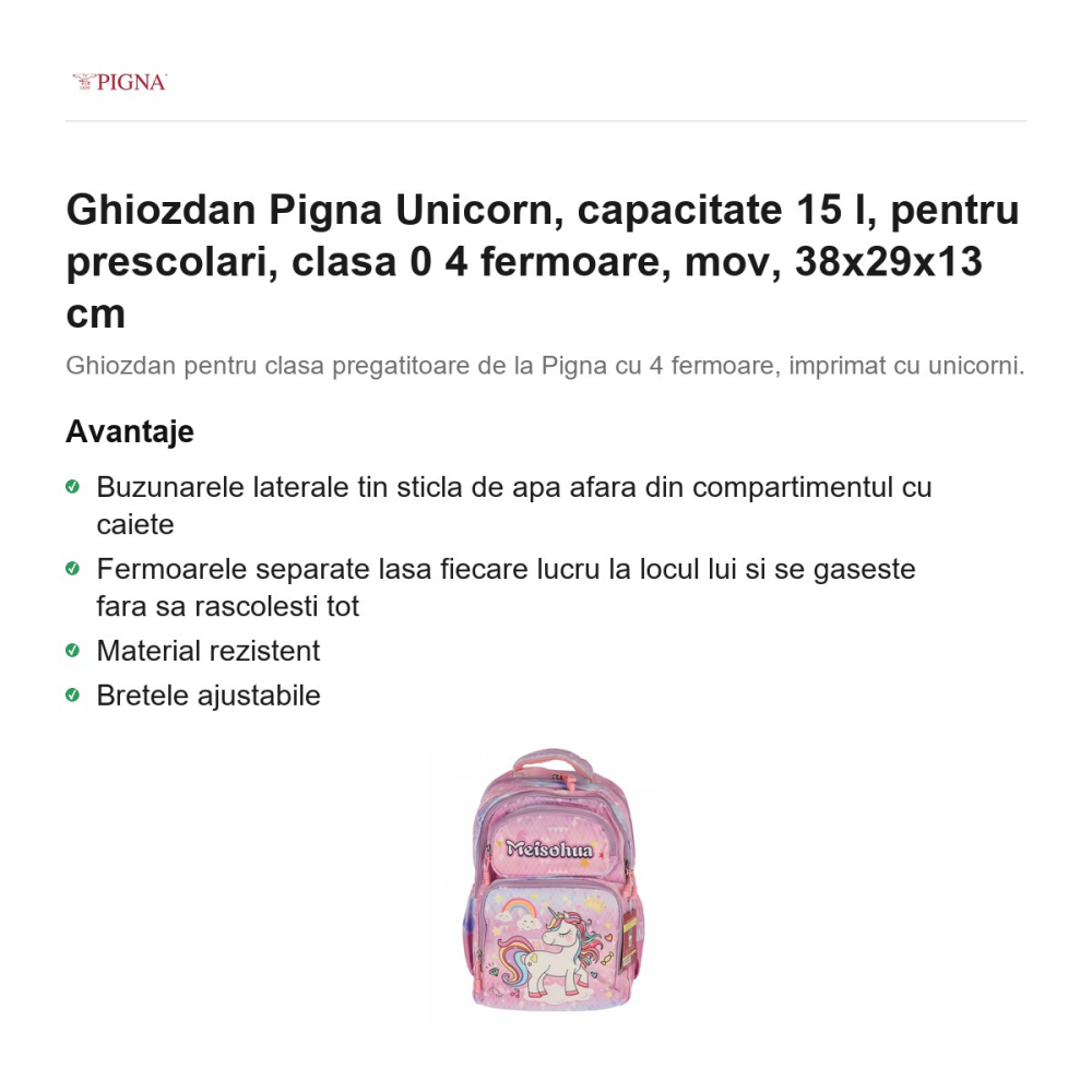 Ghiozdan Pigna Unicorn, capacitate 15 l, pentru prescolari, 4 fermoare, mov, 38x29x13 cm [2]
