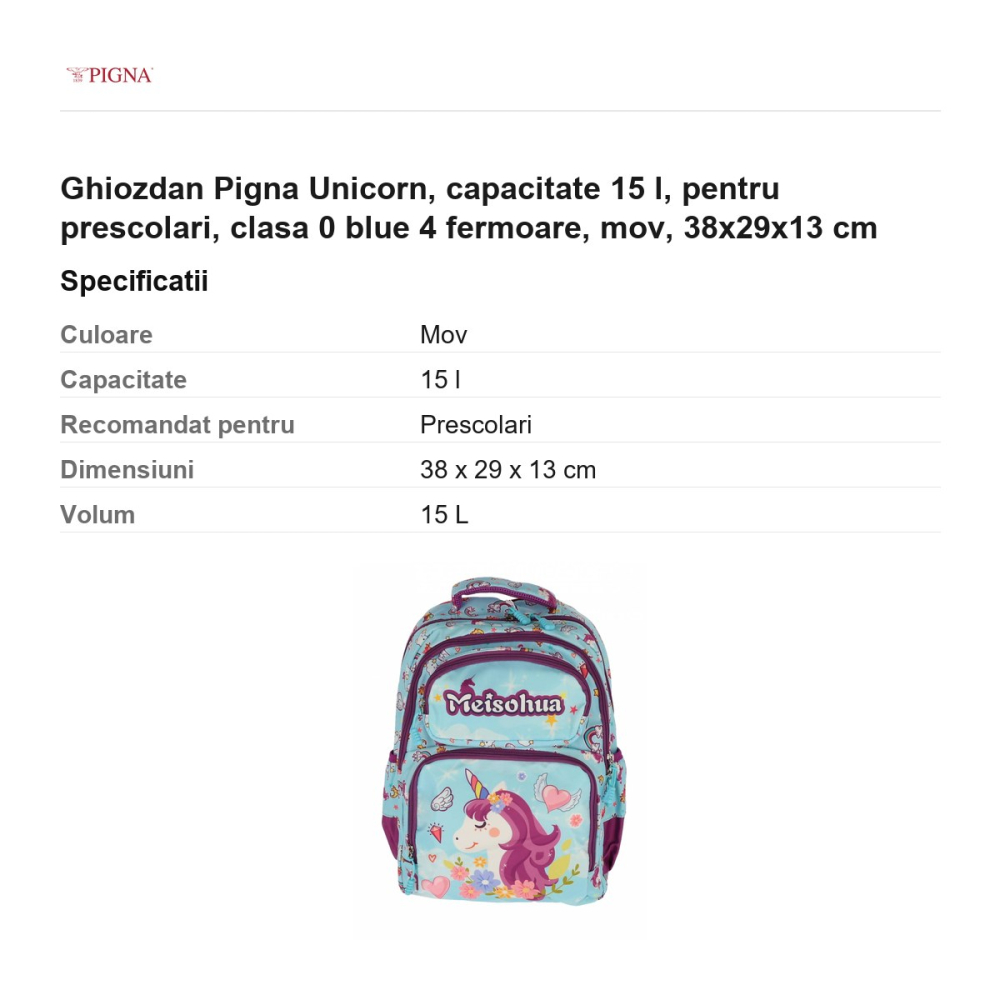 Ghiozdan Pigna Unicorn, capacitate 15 l, pentru prescolari, blue 4 fermoare, mov, 38x29x13 cm [3]