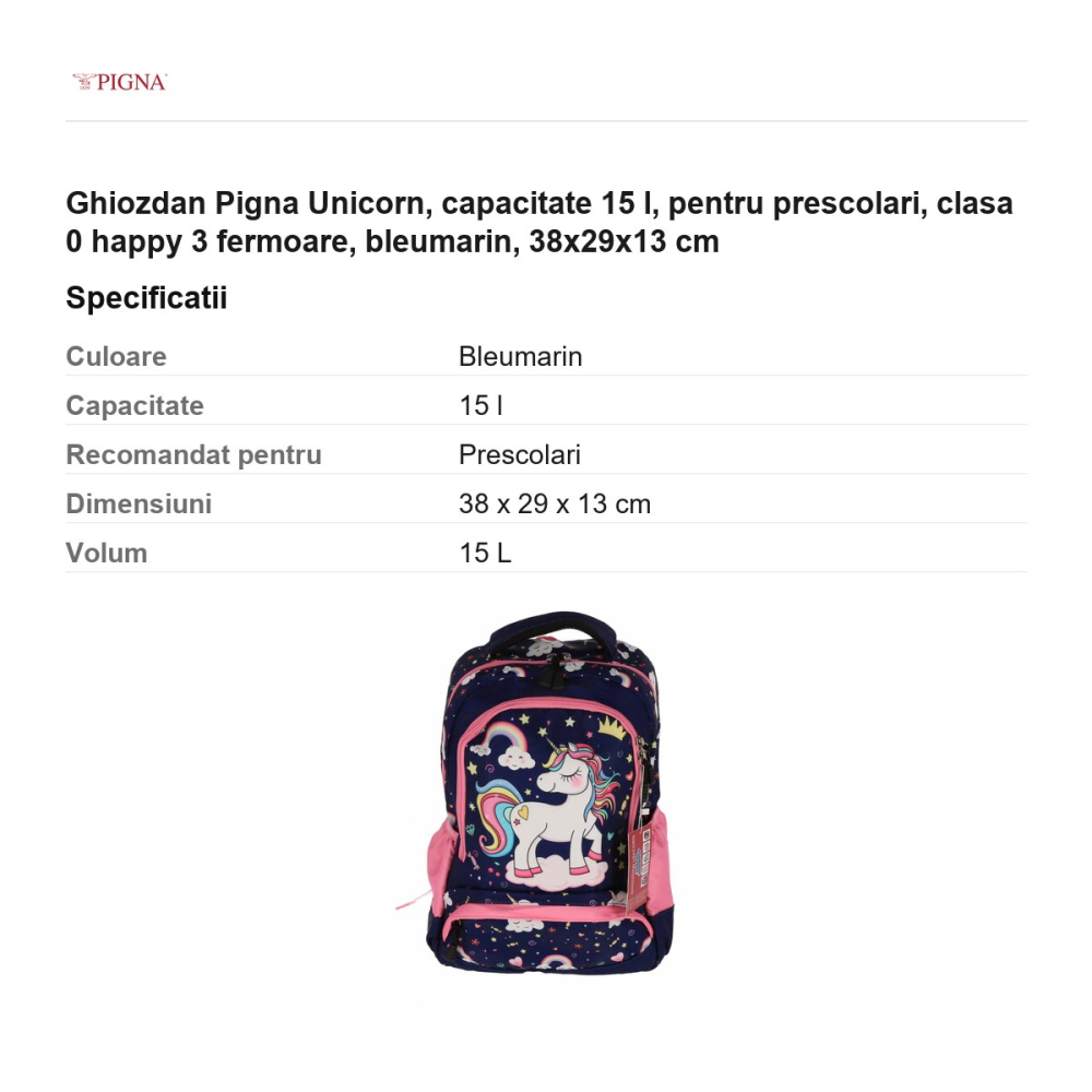 Ghiozdan Pigna Unicorn, capacitate 15 l, pentru prescolari, happy 3 fermoare, bleumarin, 38x29x13 cm [3]