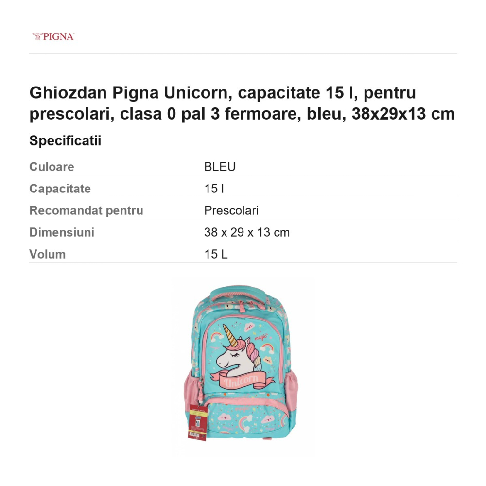 Ghiozdan Pigna Unicorn, capacitate 15 l, pentru prescolari, pal 3 fermoare, bleu, 38x29x13 cm [3]