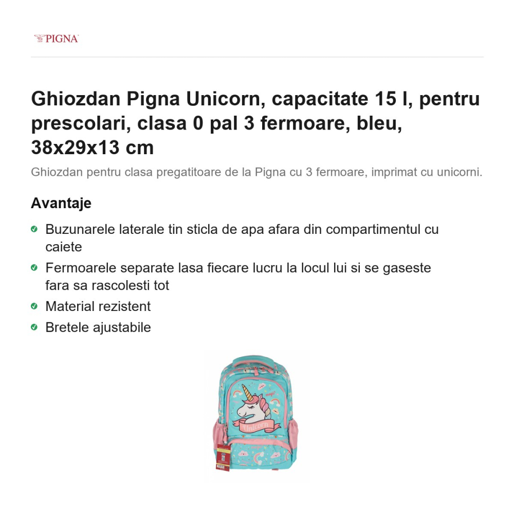 Ghiozdan Pigna Unicorn, capacitate 15 l, pentru prescolari, pal 3 fermoare, bleu, 38x29x13 cm [2]
