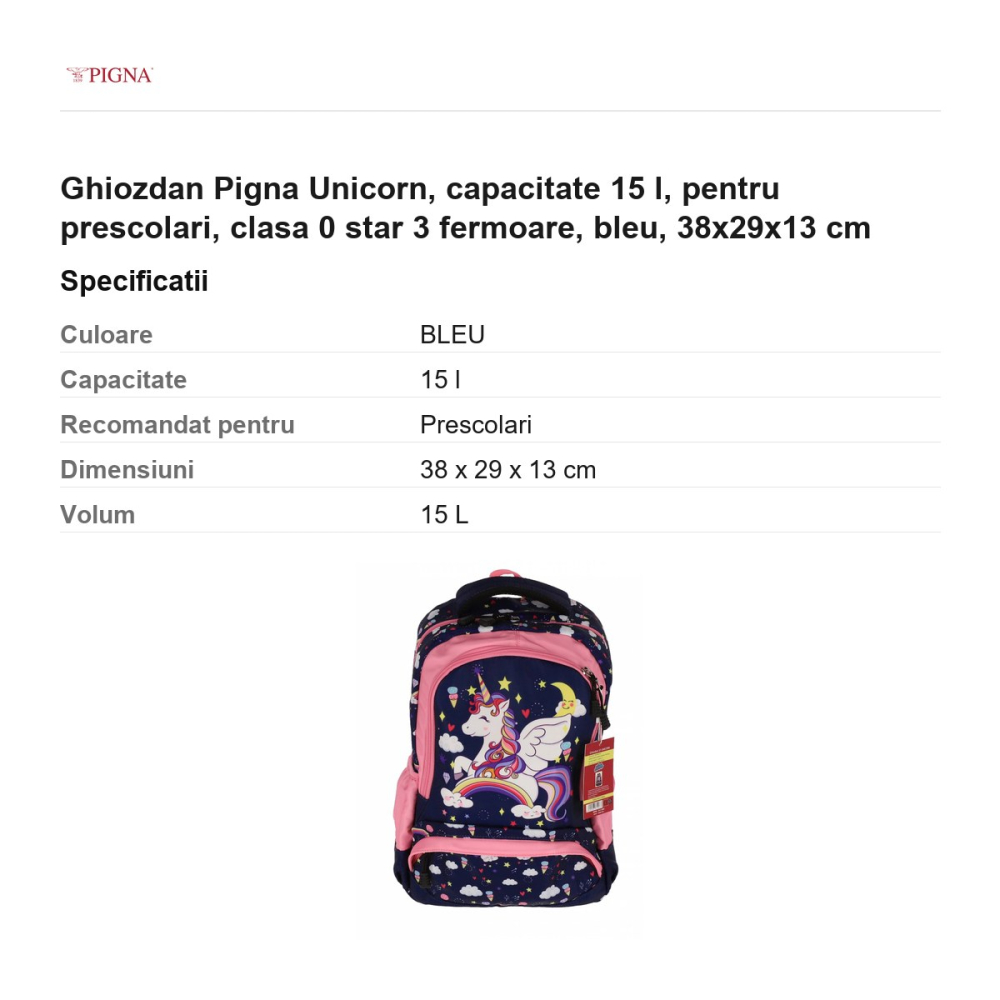 Ghiozdan Pigna Unicorn, capacitate 15 l, pentru prescolari, star 3 fermoare, bleu, 38x29x13 cm [3]