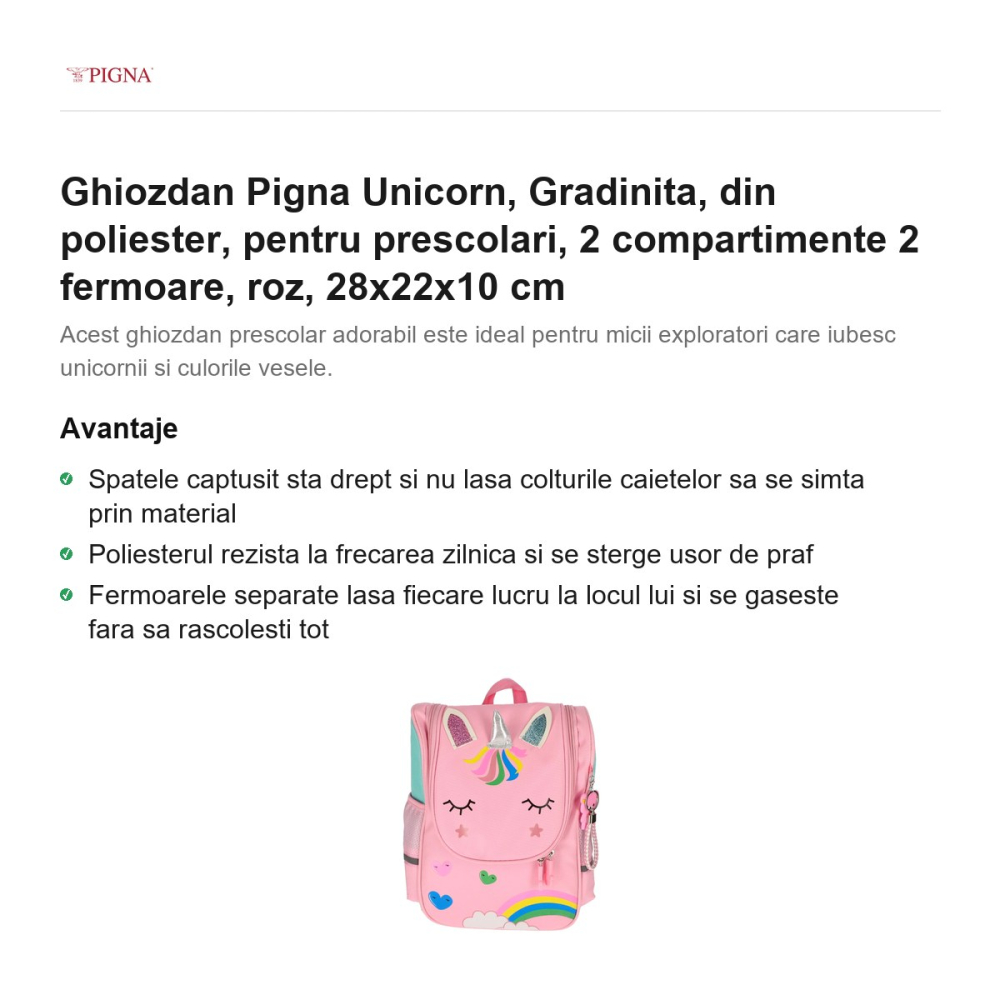 Ghiozdan Pigna Unicorn, din poliester, pentru prescolari, 2 compartimente 2 fermoare, roz, 28x22x10 cm [2]
