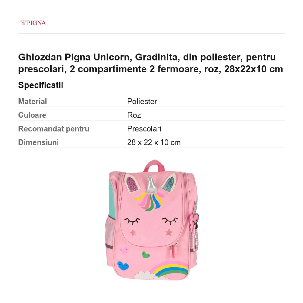 Ghiozdan Pigna Unicorn, din poliester, pentru prescolari, 2 compartimente 2 fermoare, roz, 28x22x10 cm [3]