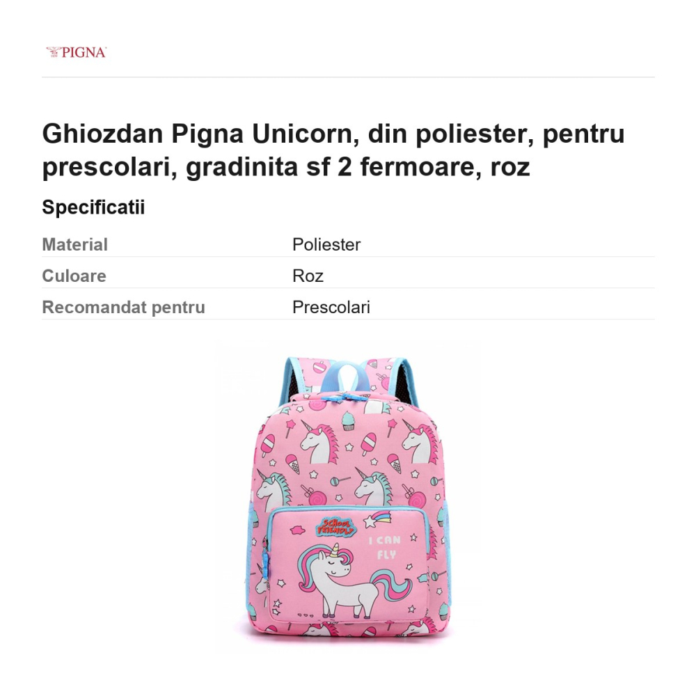Ghiozdan Pigna Unicorn, din poliester, pentru prescolari, sf 2 fermoare, roz [3]