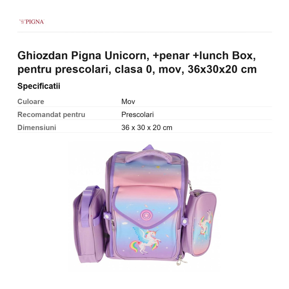 Ghiozdan Pigna Unicorn, pentru prescolari, +penar +lunch box, mov, 36x30x20 cm [3]