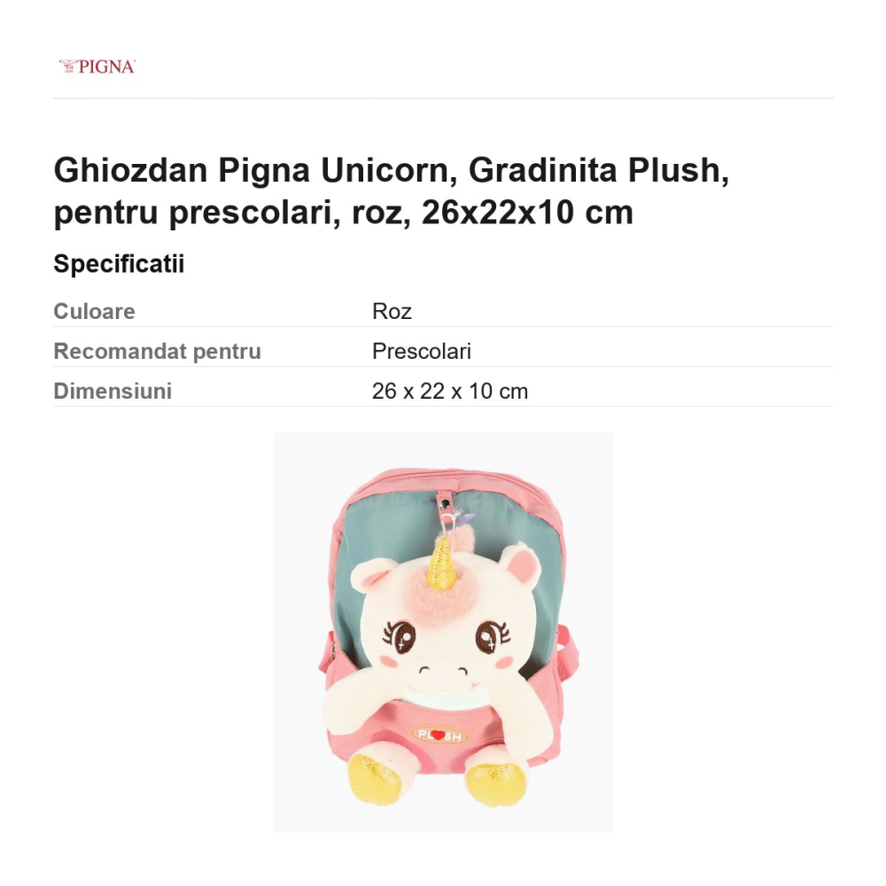 Ghiozdan Pigna Unicorn, pentru prescolari, plush, roz, 26x22x10 cm [3]