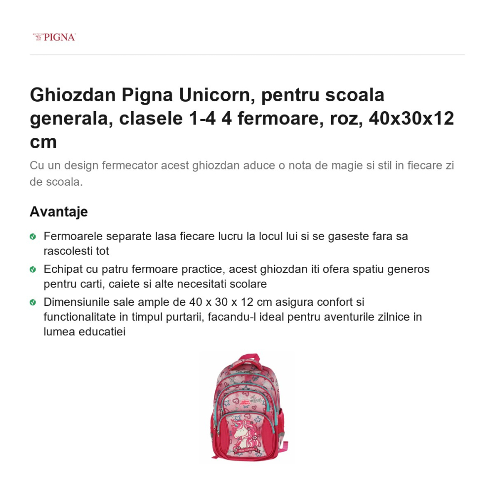 Ghiozdan Pigna Unicorn, pentru scoala generala, 4 fermoare, roz, 40x30x12 cm [2]