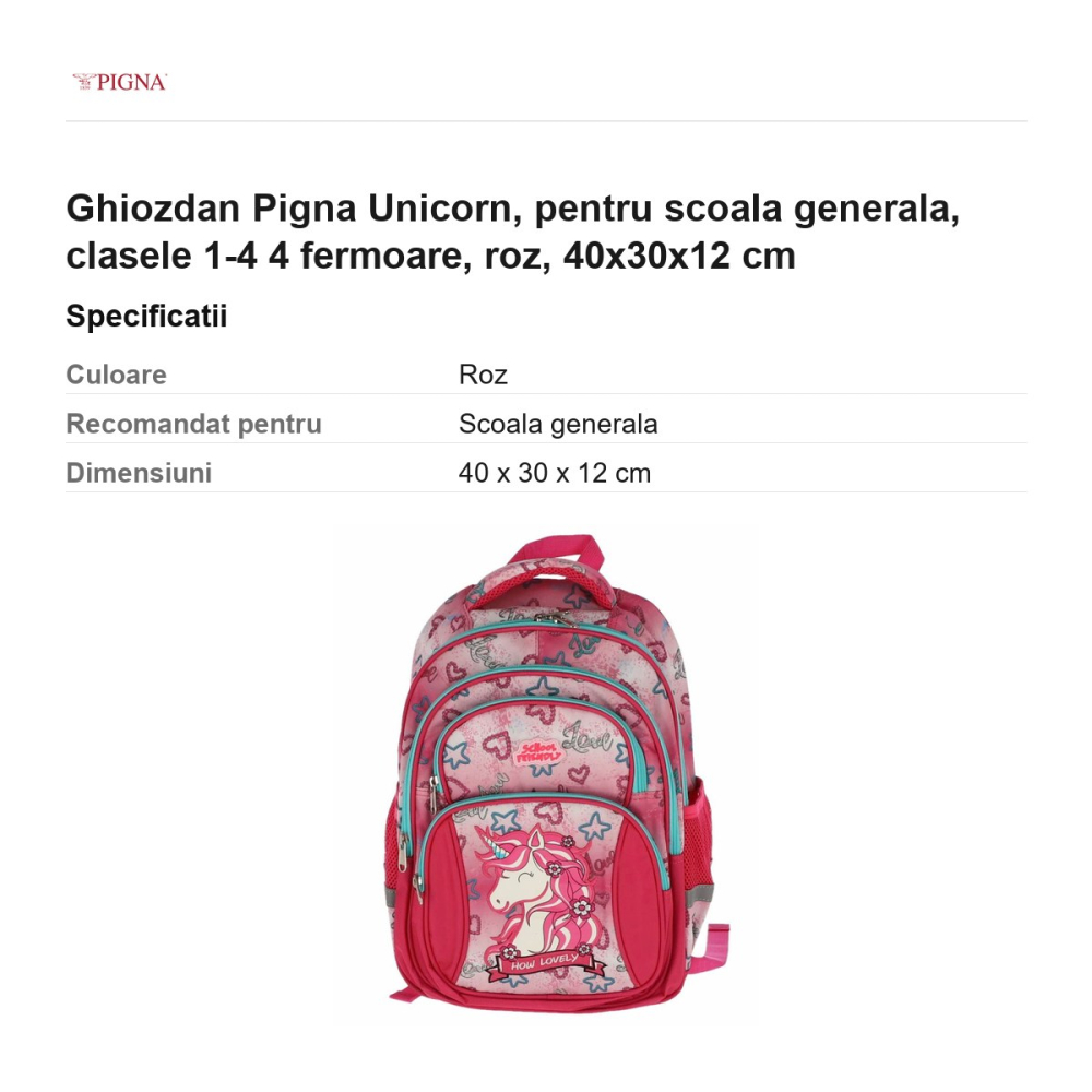 Ghiozdan Pigna Unicorn, pentru scoala generala, 4 fermoare, roz, 40x30x12 cm [3]