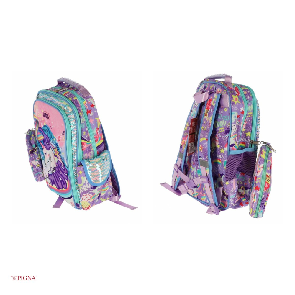 Ghiozdan Pigna Unicorn, pentru scoala generala, blue 3 fermoare paiete, mov, 41x30x20 cm [4]