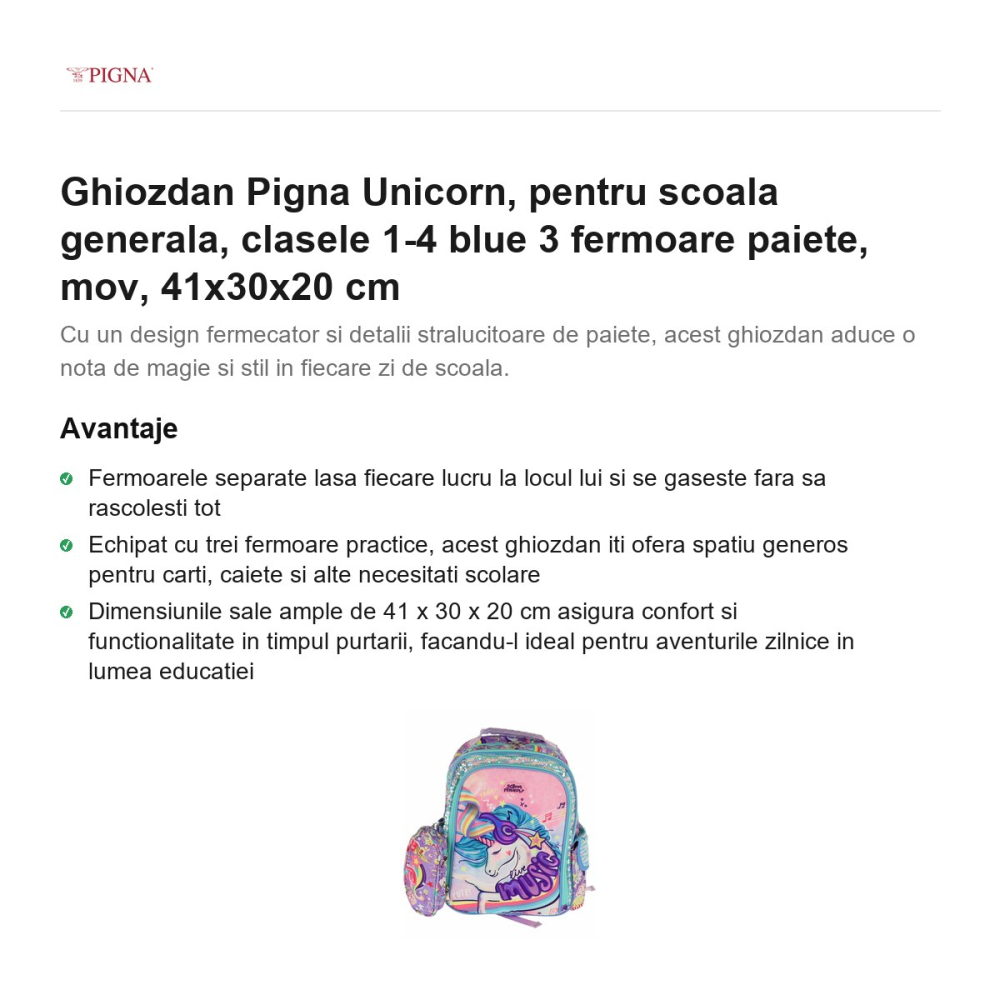 Ghiozdan Pigna Unicorn, pentru scoala generala, blue 3 fermoare paiete, mov, 41x30x20 cm [2]